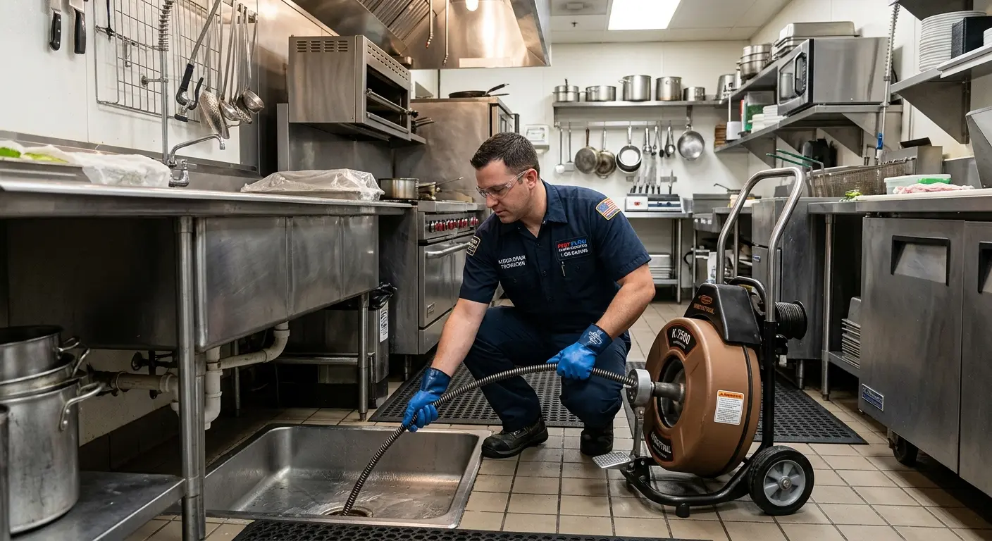 Commercial drain cleaning service in a restaurant kitchen in Silver Spring