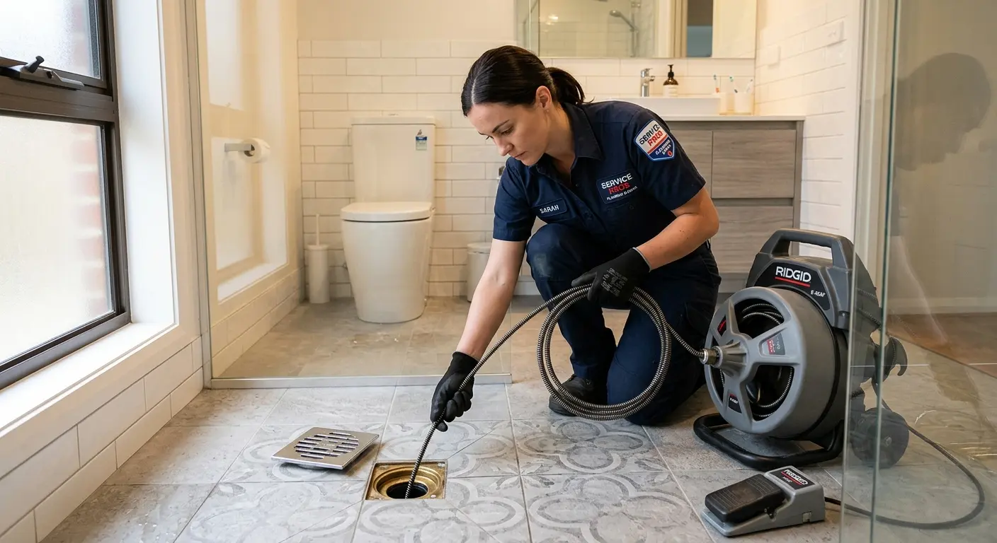 Technician clearing a bathroom floor drain for Sewer Line Replacement in Silver Spring